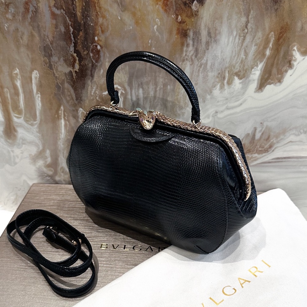 $6700 Bvlgari Hypnotic Black Lizard Serpenti Gemstone Shoulder Bag